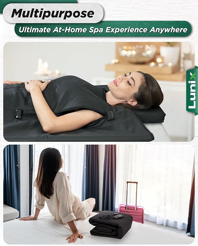 Lunix LX17 Infrared Sauna Blanket for Home, Portable Sauna for Detox, Pain Relief & Recovery, Adjustable 77–176°F Far Infrared Heat with Head Pillow, Detox Wrap & Hot Cold Gel Pack – Jet Black