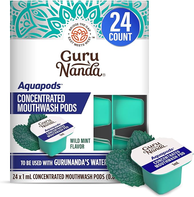 GuruNanda Aqua Pods Pre-Measured Concentrated Mouthwash for GuruNanda Water Flosser 4.0, Fluoride & Alcohol-Free, Wild Mint Flavor, Travel-Friendly, 24 Count