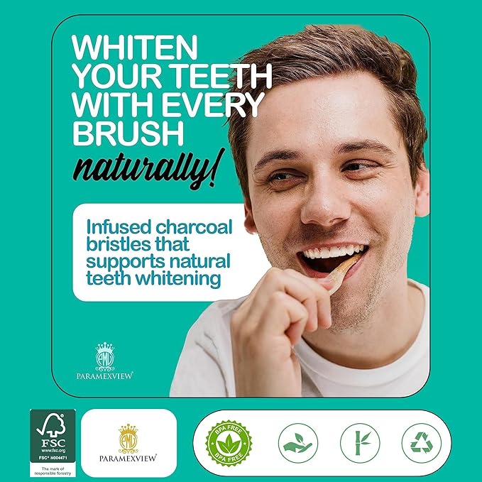 Paramexview® Natural Bamboo Toothbrushes Set of 4 | BPA-Free Medium Bristles, Eco-Friendly | Biodegradable Handle, Charcoal Infused and Organic Base (White)