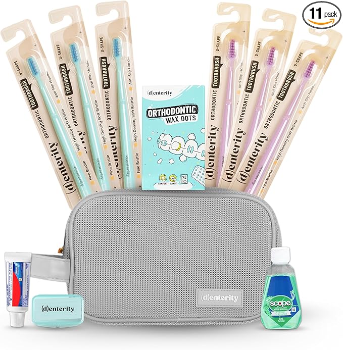 U-Shape Toothbrush Braces Care Kit, 11-Piece Orthodontic Travel Set with Wax, Toothpaste, Mouthwash & Pouch | Braces Hygiene Essentials for Teens & Adults