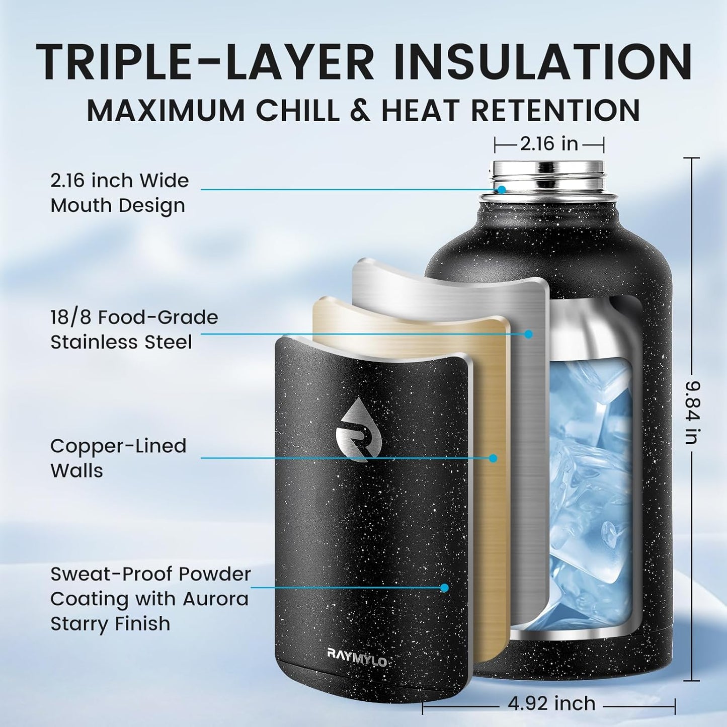 64oz Insulated Water Bottle, Triple Wall Vacuum Stainless Steel Water Bottles - Keeps Cold 48H, Reusable Half Gallon Jug for Gym, Sports, Camping, Hiking,Travel, Black Speckled