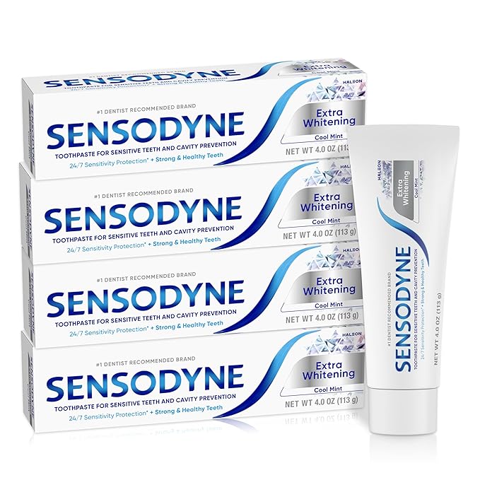 Sensodyne Extra Whitening Sensitive Teeth and Cavity Prevention Whitening Toothpaste, Amazon Exclusive, Cool Mint, Amazon Exclusive- 4 Ounces (Pack of 4)
