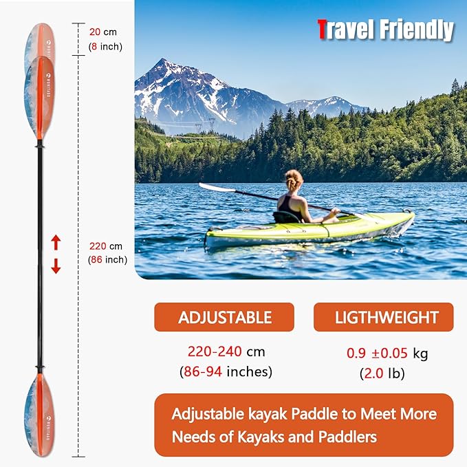 Kayak Paddle Premium Carbon Fiber Paddle with Reinforced PP + Fiberglass Blade, Floating Adjustable Kayaking Oars, 3 Piece, 220-240 cm/86-94 Inches, 240-260 cm/94-102 Inches