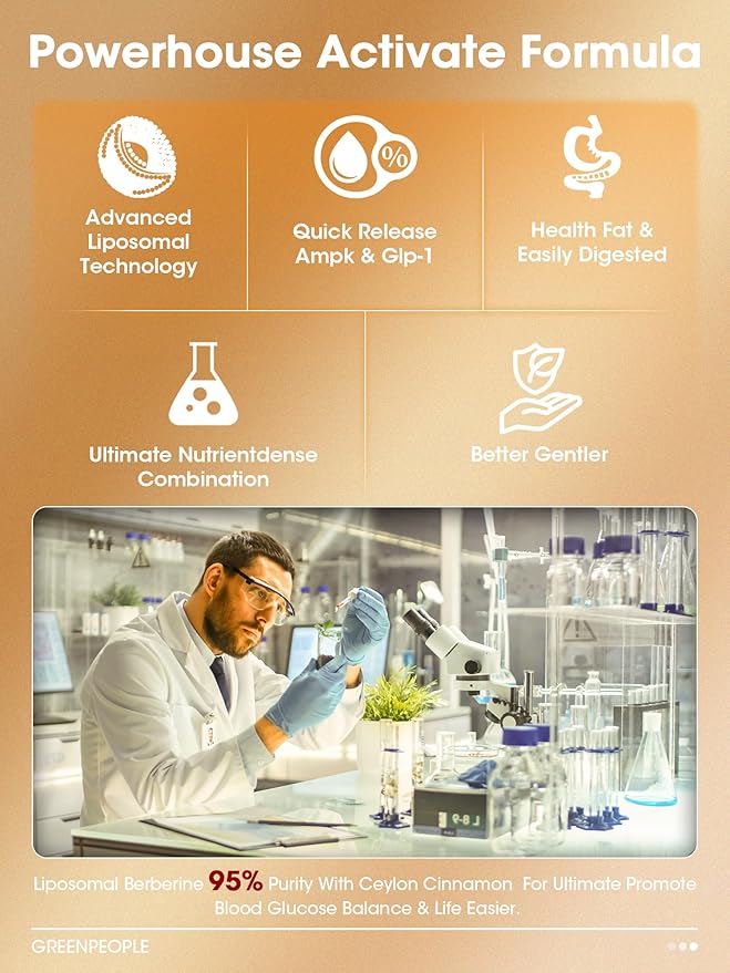 Liposomal Berberine HCL1300mg - Berberine Supplement with Ceylon Cinnamon Activates GLP-1 & AMPK - High Absorption Formula Healthy Weight Support – Non-GMO/Vegan – 60-Day