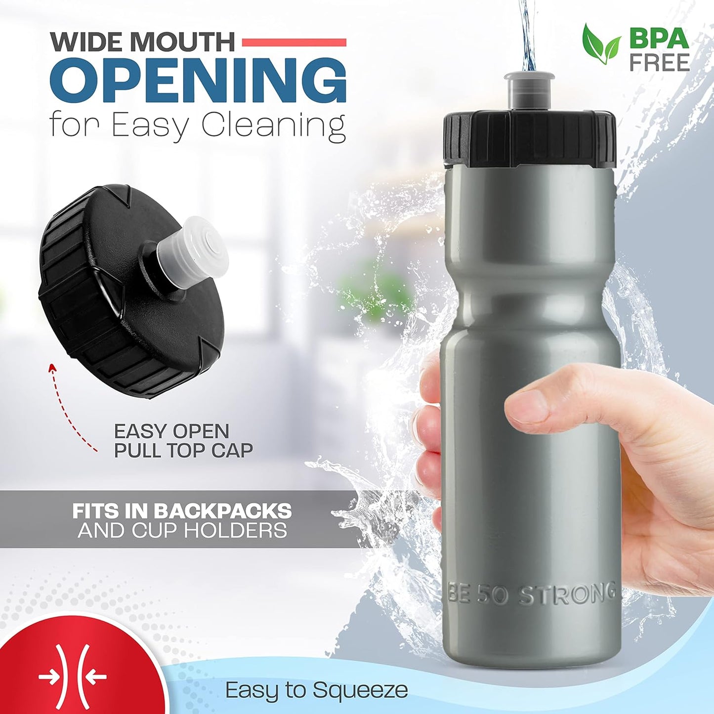 50 Strong Sports Water Bottles – Reusable 22 oz BPA-Free Plastic Bottles with Pull Top Cap – Made in USA – Top Rack Dishwasher Safe – Fits Most Bike Cages Brand