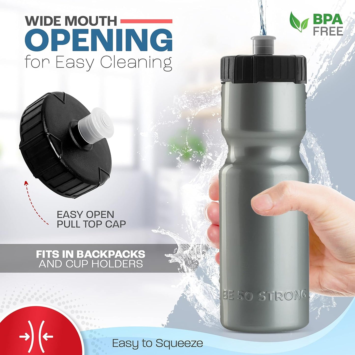 50 Strong Sports Water Bottles – Reusable 22 oz BPA-Free Plastic Bottles with Pull Top Cap – Made in USA – Top Rack Dishwasher Safe – Fits Most Bike Cages Brand