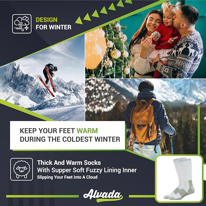 Alvada Merino Wool Hiking Socks Thermal Warm Crew Winter Boot Sock For Men & Women 3 Pairs