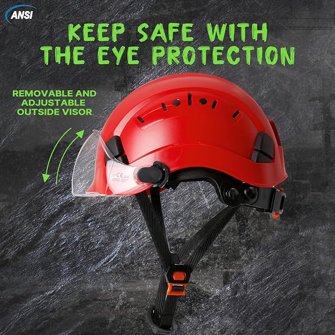 AOLAMEGS Hard Hats Construction OSHA Approved - ANSI Z89.1 Red Safety Hardhats, High Impact ABS Hardhat, Adjustable Vented Construction Worker Hat with Clear Visor, Cascos de Construccion