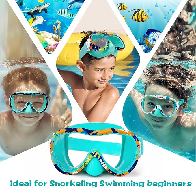 Kids Swim Goggles with Nose Cover, 180° Panoramic Snorkel Mask with Anti-Fog & Anti-Leak Design, Comfort Fabric Strap UV Protection Lens for Boys Girls Ages 3-15