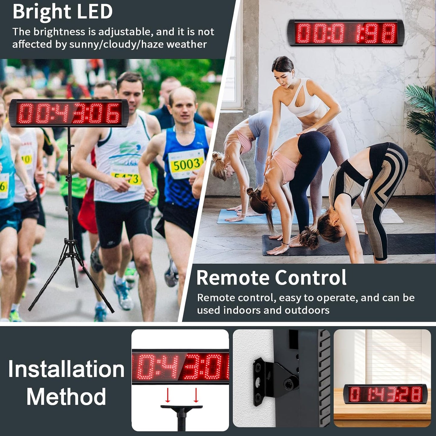 Large LED Display Digital Race Timer with Battery,Function-Countdown/Up/Time Clock, Remote Control, Tripod Stand and Adjustable Brightness for Sports Events, Races, Meetings, Presentations
