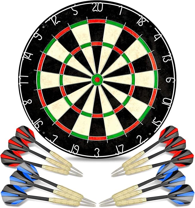 LinkVisions Dartboard with Staple-Free Bullseye, 18g Steel Tip Darts Set,12 Steel Tip Darts 18g, Dartboard Mounting Kits Included