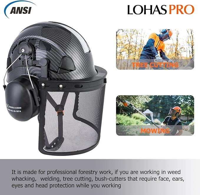 LOHASPRO Forestry Safety Helmet Chainsaw Helmet with Mesh Face Shield and Ear Muffs for Tree Logging Cutting Wood Arborist Helmet (Black Graphite Pattern with Mesh Face Shield+Earmuff)