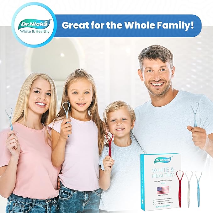 Tongue Scraper (3 pack) 100% BPA Free - Dentist Designed for Fresh Breath - Dr. Nick’s White & Healthy Easy to Use Plastic Tongue Cleaner for Adults (Red White & Blue)
