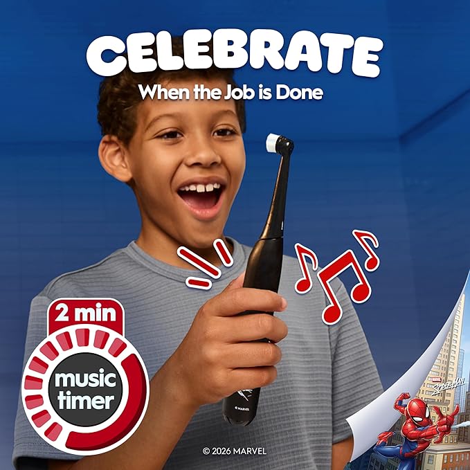 Oral-B iO Kids Limited Rechargeable Electric Powered Toothbrush, Spiderman with 1 Gentle Care Brush Head - Automatic Pressure Sensor to Protect Gums - 3 Cleaning Settings - 2 Min Music Timer