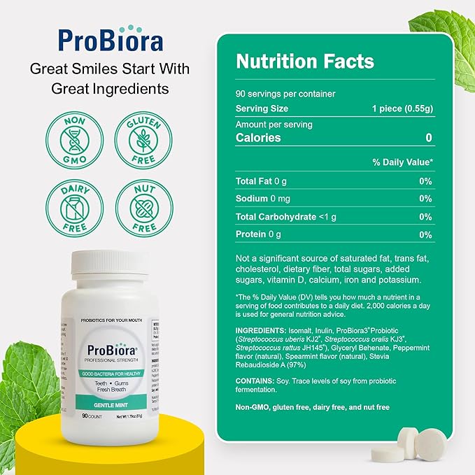 ProBiora Professional Strength Oral Probiotics for Teeth and Gums | Dental Probiotic for Oral Health | Bad Breath Treatment for Adults | Tooth Whitening | ProBiora3 Probiotic Blend | 90 Mint Tablets