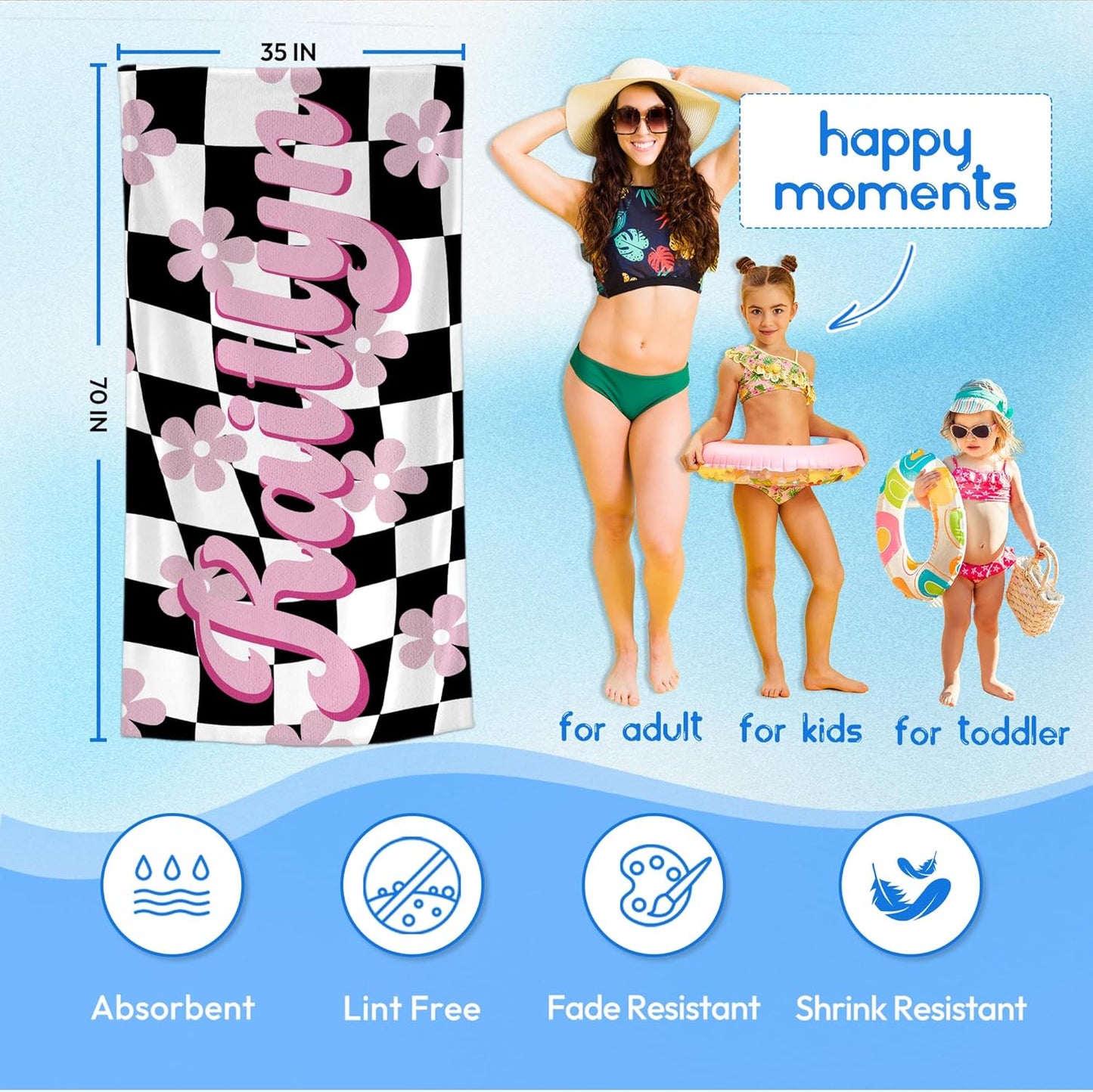 JML Personalized Beach Towel with Name, Custom Flower Beach Towel, Customized Microfiber Pool Towel, Quick Dry & Absorbent Swim Towel for Adult,Mother's Day, Birthday, Summer Holiday,Vacation