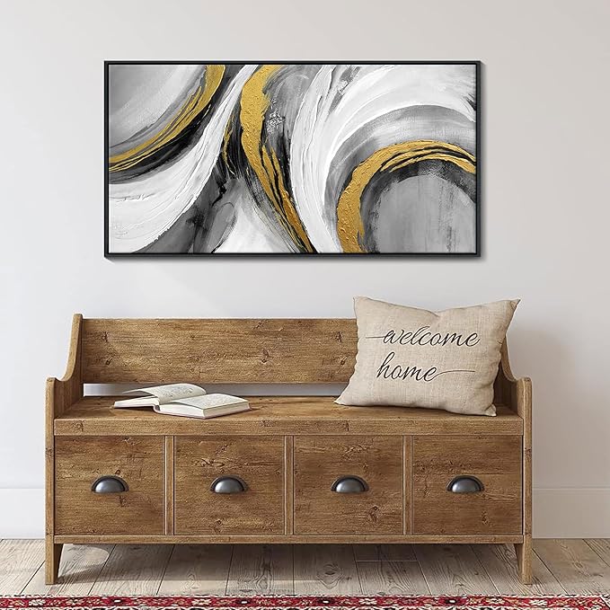 Large Abstract Wall Art, Black White and Gold Texture Graffiti Framed Paintings Modern Gallery Picture Artwork for Living Room Bedroom Office Home Decor 20x40 In