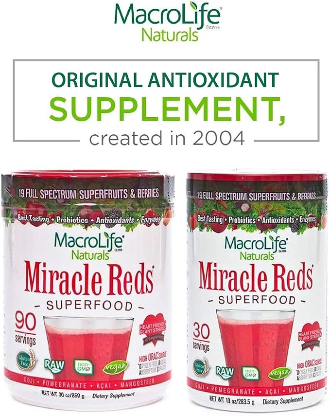 MacroLife Naturals Miracle Reds Superfood Supplement Powder Antioxidants Polyphenols Enzymes Probiotics - Raw Non-GMO Organic Vegan Gluten & Dairy Free (30 Servings)
