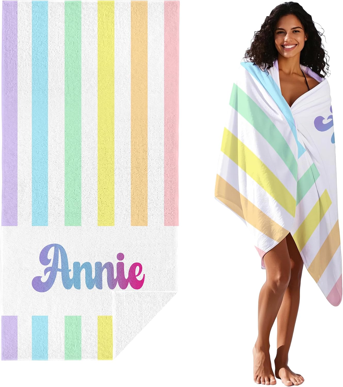 JML Personalized Beach Towel with Name, Custom Rainbow Cabana Stripe Beach Towel, Customized Microfiber Pool Towel, Quick Dry & Absorbent Swim Towel for Adult,Anniversary, Birthday, Summer Holiday