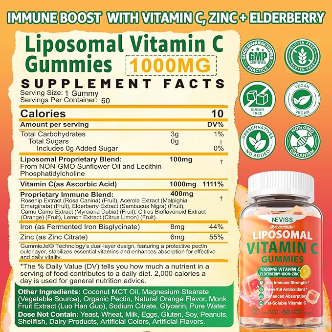 Liposomal Vitamin C 1000mg Gummies for Adults - Vitamin C Chewable 1500mg with 8mg Iron, Zinc & Elderberry - Immune Support, Immune Booster Supplement - for Energy, Collagen Booster, 1Pack Sugar Free