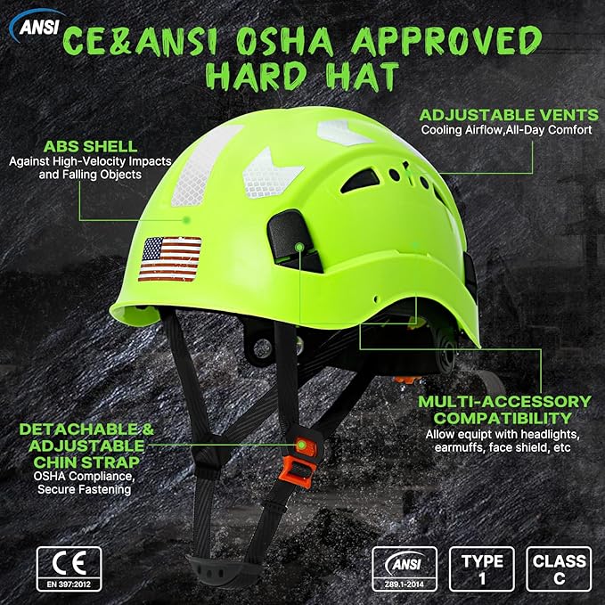 AOLAMEGS Construction Safety Hard Hat - ANSI Z89.1 Type Ι OSHA Approved Safety Helmets with Chin Straps Lightweight Reflective Vented ABS Hard Hats For Men Women Industrial Workwear 6-point Suspension