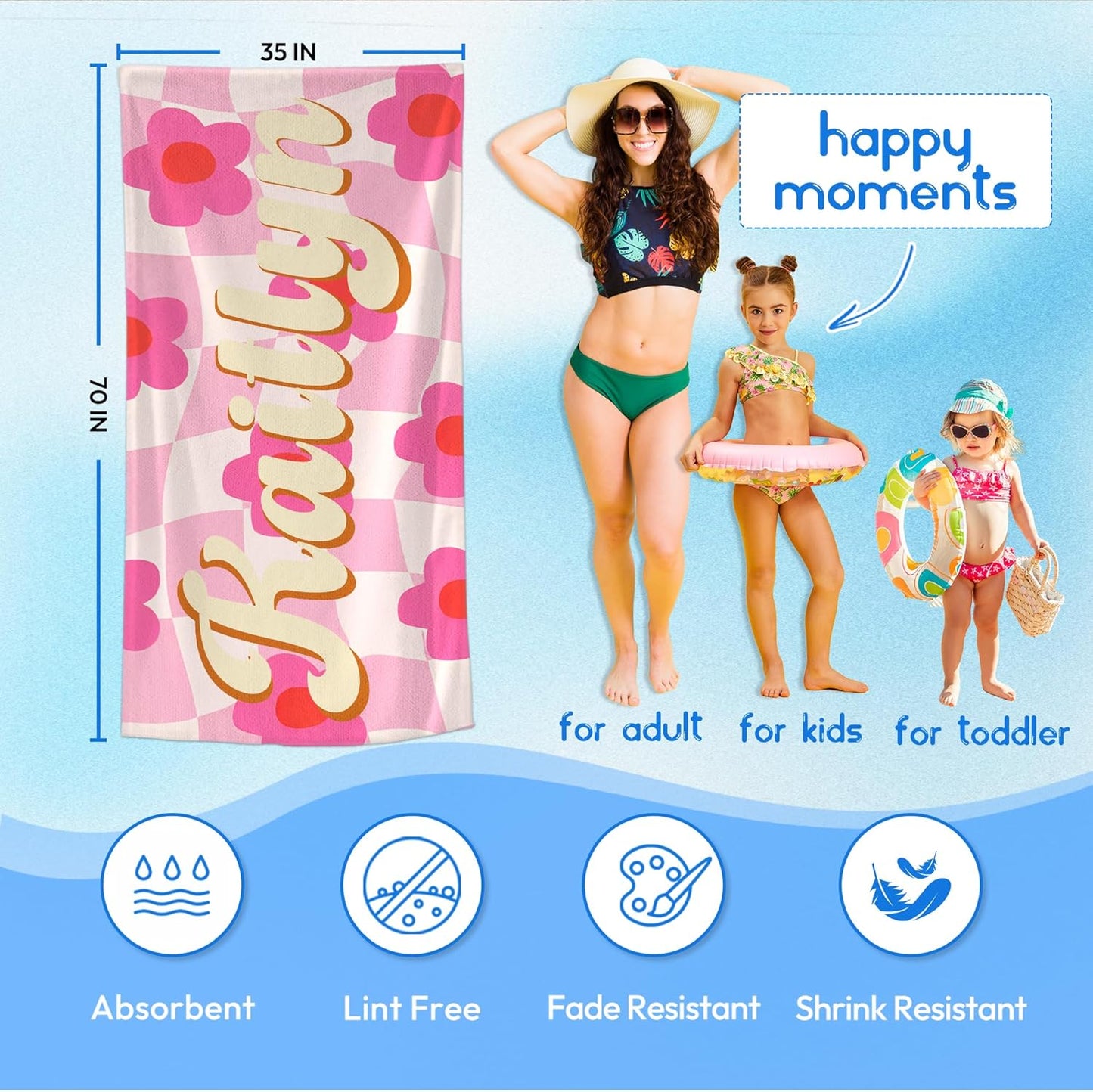 JML Personalized Beach Towel with Name, Custom Flower Beach Towel, Customized Microfiber Pool Towel, Quick Dry & Absorbent Swim Towel for Adult,Anniversary, Birthday, Summer Holiday,Vacation