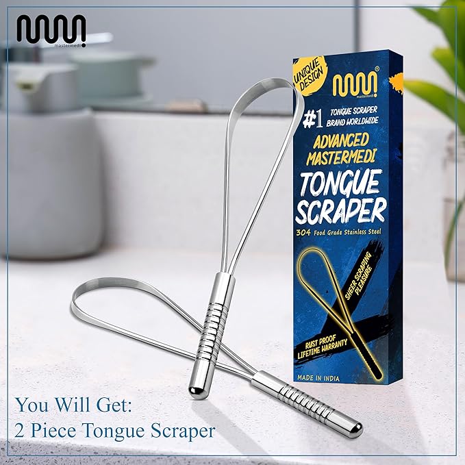 MasterMedi Tongue Scraper for Adults, 100% Stainless Steel Tongue Scrubber for Bad Breath, Easy to Use, Tongue Cleaner for Oral Care & Hygiene (SS Uni|Pack of 2)