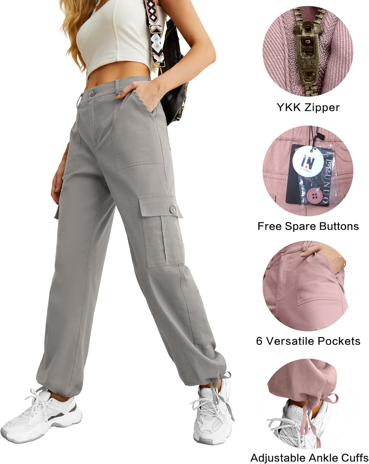 Lepunuo Women's High Waisted Cargo Pants Travel Y2K Streetwear Baggy Stretchy Pants with 6 Pockets Drawstring Ankle Cuffs