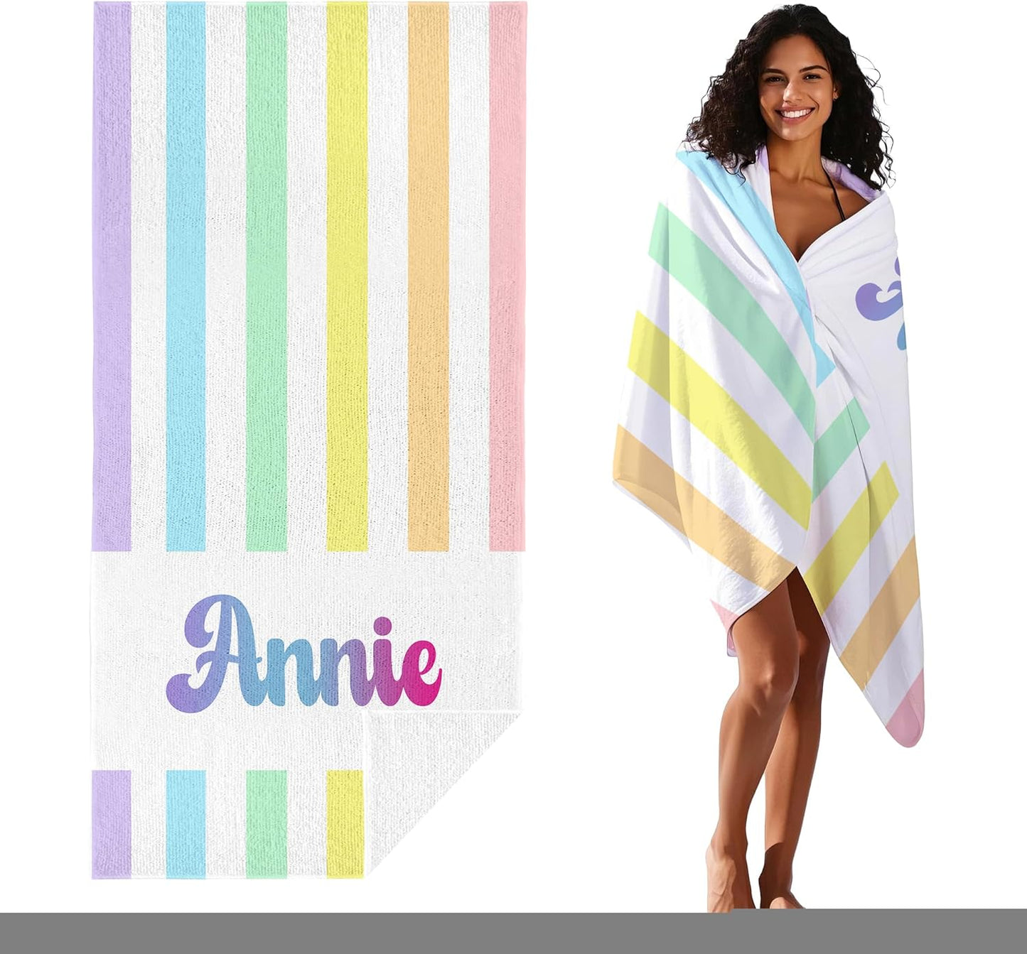 JML Personalized Beach Towel with Name, Custom Rainbow Cabana Stripe Beach Towel, Customized Microfiber Pool Towel, Quick Dry & Absorbent Swim Towel for Adult,Anniversary, Birthday, Summer Holiday