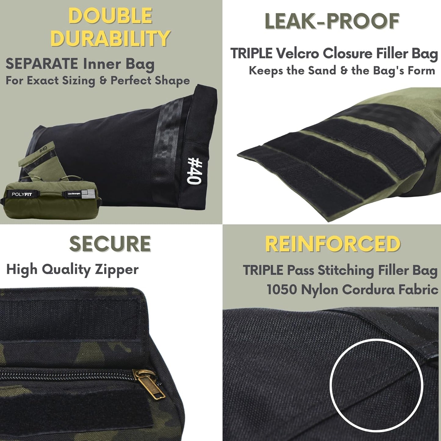 Polyfit Sandbag Pro - Workout Sandbag with Triple Closure Filler Bag and Reinforced Nylon Webbing - Sand Not Included - Multiple Colors & Sizes