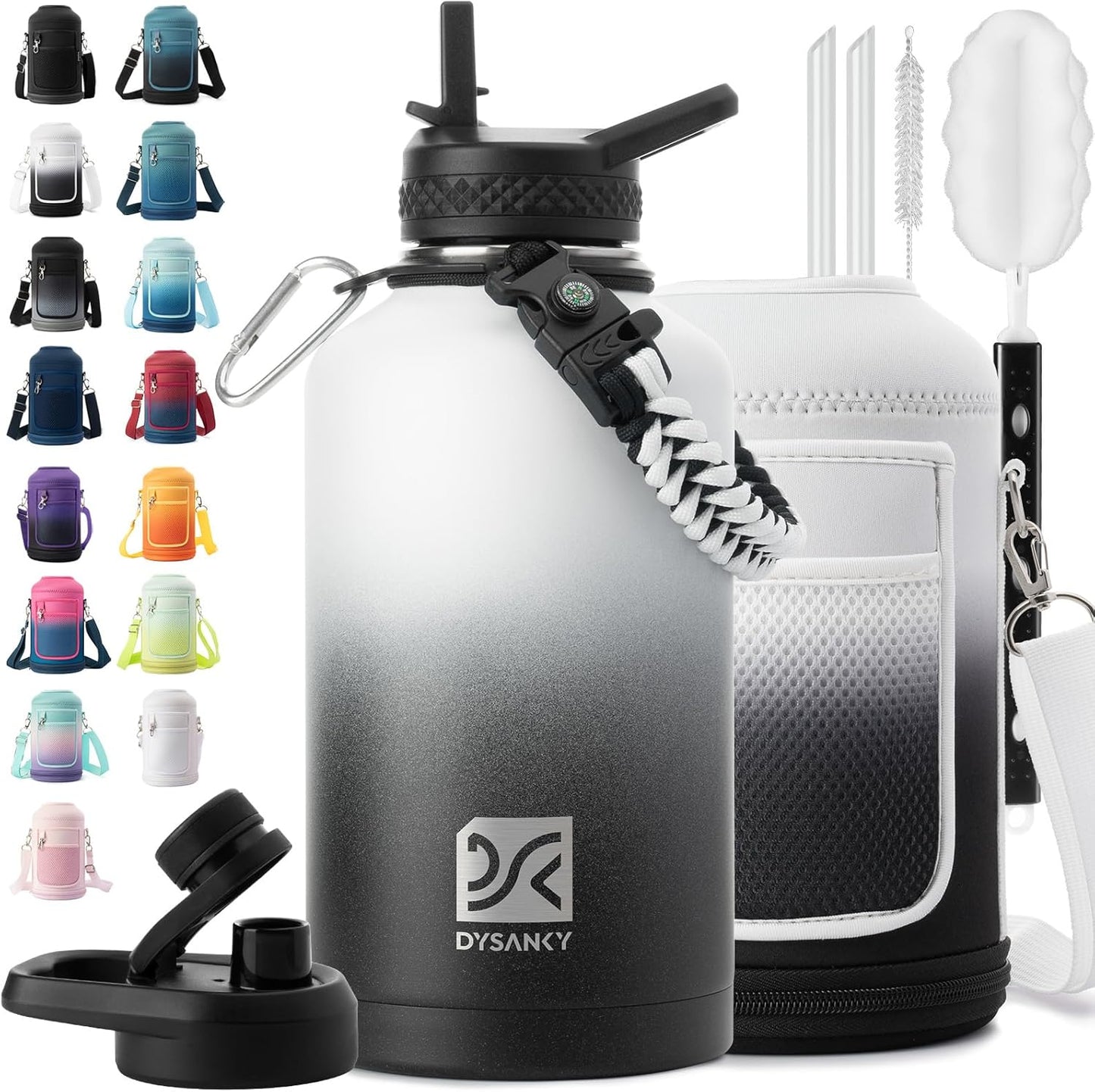 Insulated Water Bottle | Thickened Stainless Steel Vacuum Metal | Portable Sports Half Gallon Large Water Jug for Gym and Hiking with Straw, Carrier Bag, Handle Strap | BPA-Free 64 oz