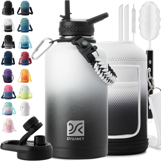 Insulated Water Bottle | Thickened Stainless Steel Vacuum Metal | Portable Sports Half Gallon Large Water Jug for Gym and Hiking with Straw, Carrier Bag, Handle Strap | BPA-Free 64 oz