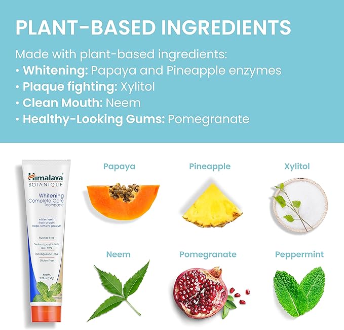 Himalaya Botanique Whitening Complete Care Toothpaste, Peppermint Flavor - Whitening Toothpaste Without Fluoride for Brighter Teeth & Fresh Breath - Vegan, Gluten Free, 5.29 oz