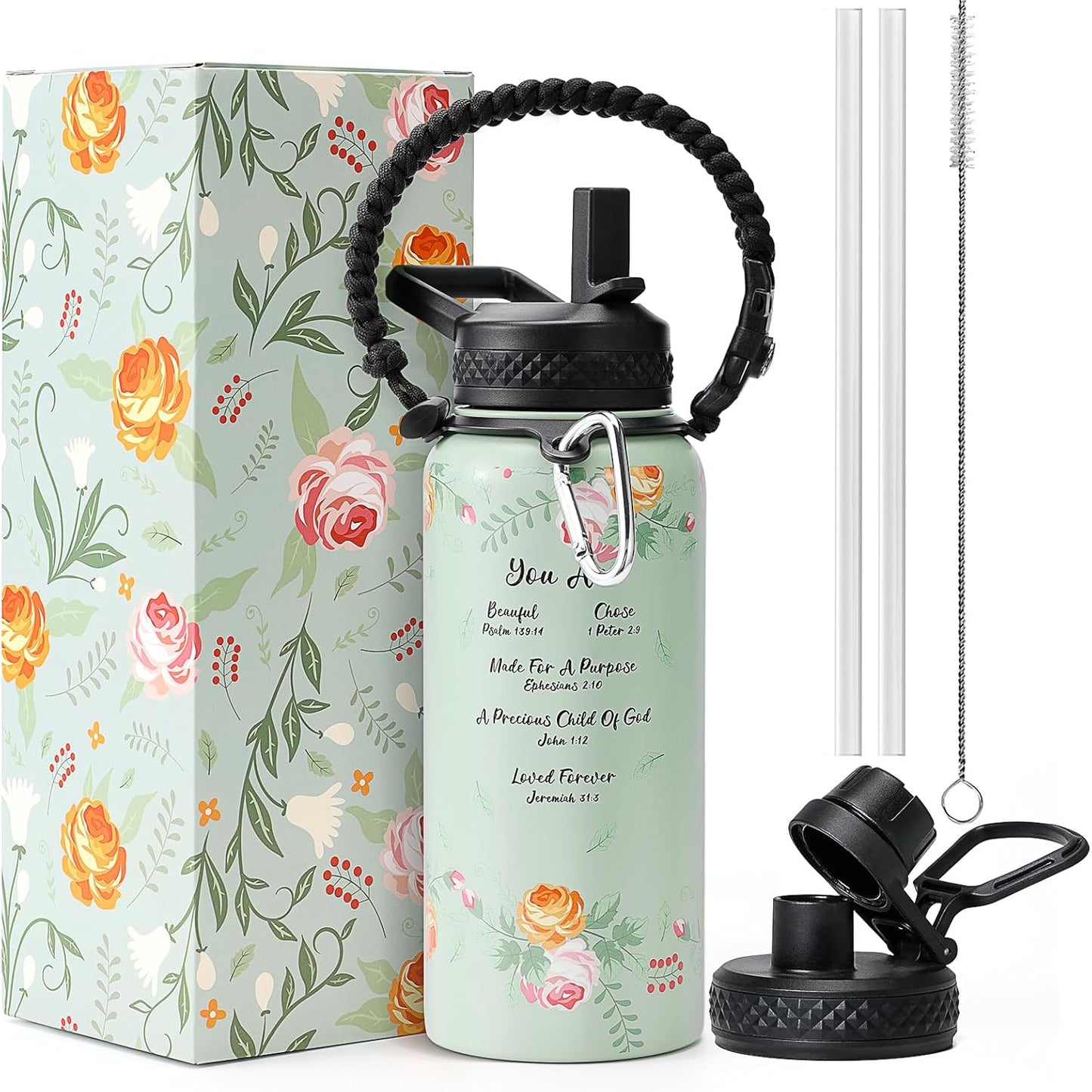 32oz Insulated Water Bottle,Stainless Steel Vacuum Water Bottle, BPA-Free & Leakproof -with Paracord Handle,Strap,Straw Spout Lids, Water Jug for Gym Sports,Christmas Gifts for Women