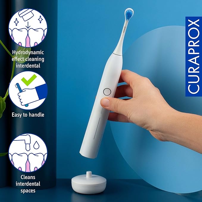 Curaprox Hydrosonic Pro Sonic Toothbrush – for Sensitive Teeth, Implants and Braces | Professional Cleaning at Home | Set with Three Brush Heads