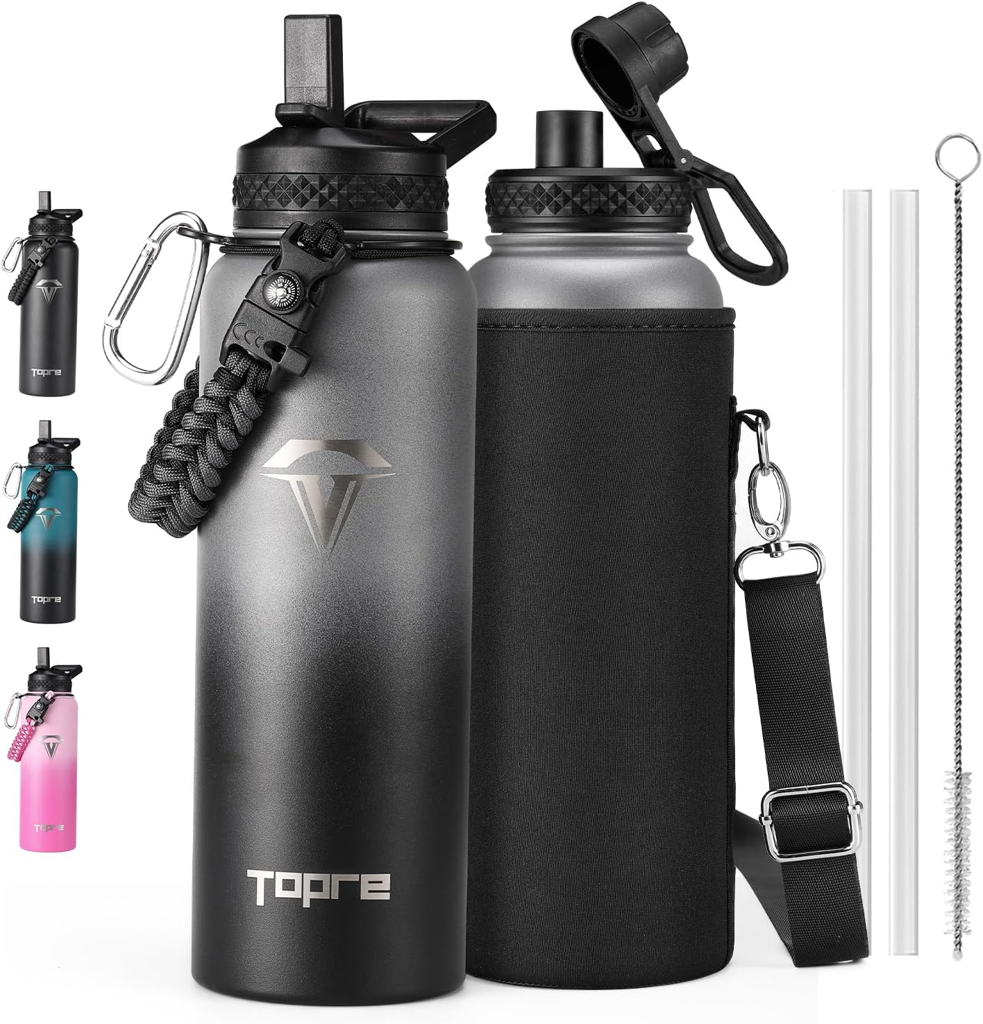40oz Insulated Water Bottle,Stainless Steel Vacuum Water Bottle, BPA-Free & Leakproof -with Paracord Handle,Strap,Straw Spout Lids,Large Water Jug for Gym Sports