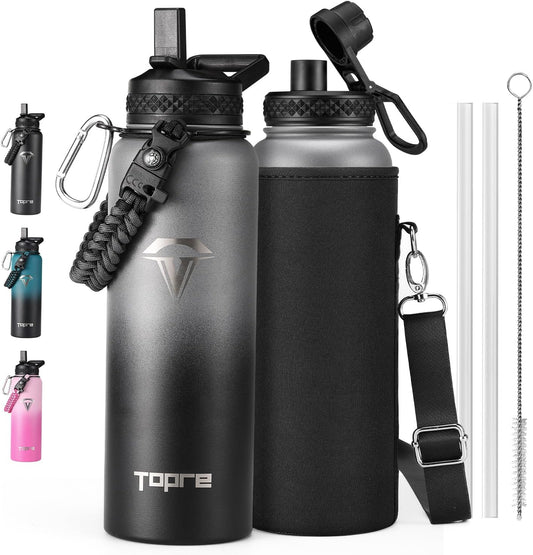 40oz Insulated Water Bottle,Stainless Steel Vacuum Water Bottle, BPA-Free & Leakproof -with Paracord Handle,Strap,Straw Spout Lids,Large Water Jug for Gym Sports