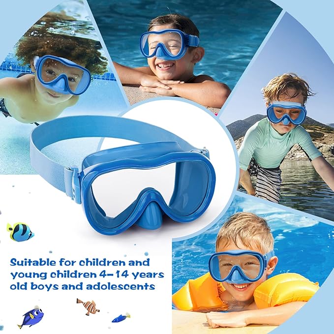 Kids Swim Goggles 180° Snorkel Diving Mask with Nose Cover, Anti-Fog Kids Swimming Goggles with Elastic Fabric Strap for Kids Boys Girls