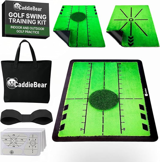5-in-1 Golf Hitting Mat Set - Golf Training Aid with Path Feedback mat with Turf Patch, Replaceable mat, Impact Tape, Swing Arm Band & Carry Bag - Indoor & Outdoor Golf Mat for Practice