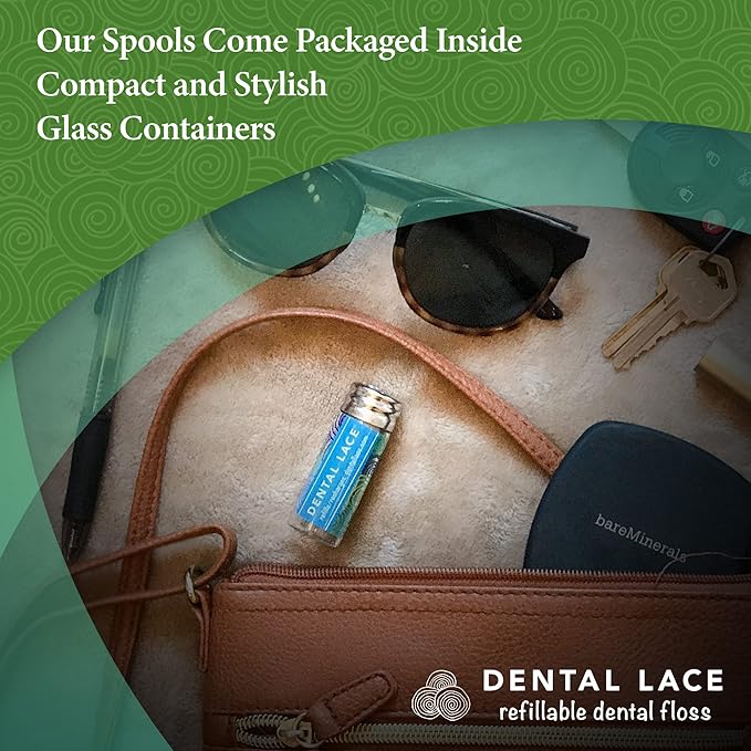 Dental Lace Refillable Silk Dental Floss | Multi-Color Glass Containers - 100% Silk Floss with Mint Flavor, PFAS & PTFE Free (Total 66 Yards) – Eco-Friendly Recyclable Packaging (Pack of 4)