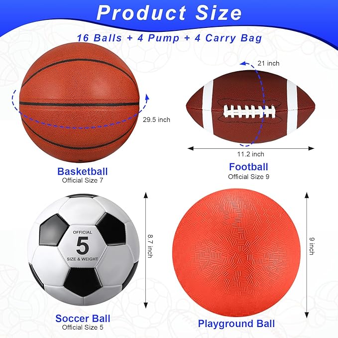 HyDren Sports Balls Set for Teen Adult, Include Official Size Basketball Soccer Ball Football Playground Ball with Pump and Equipment Carry Bag Sports Gift Back to School