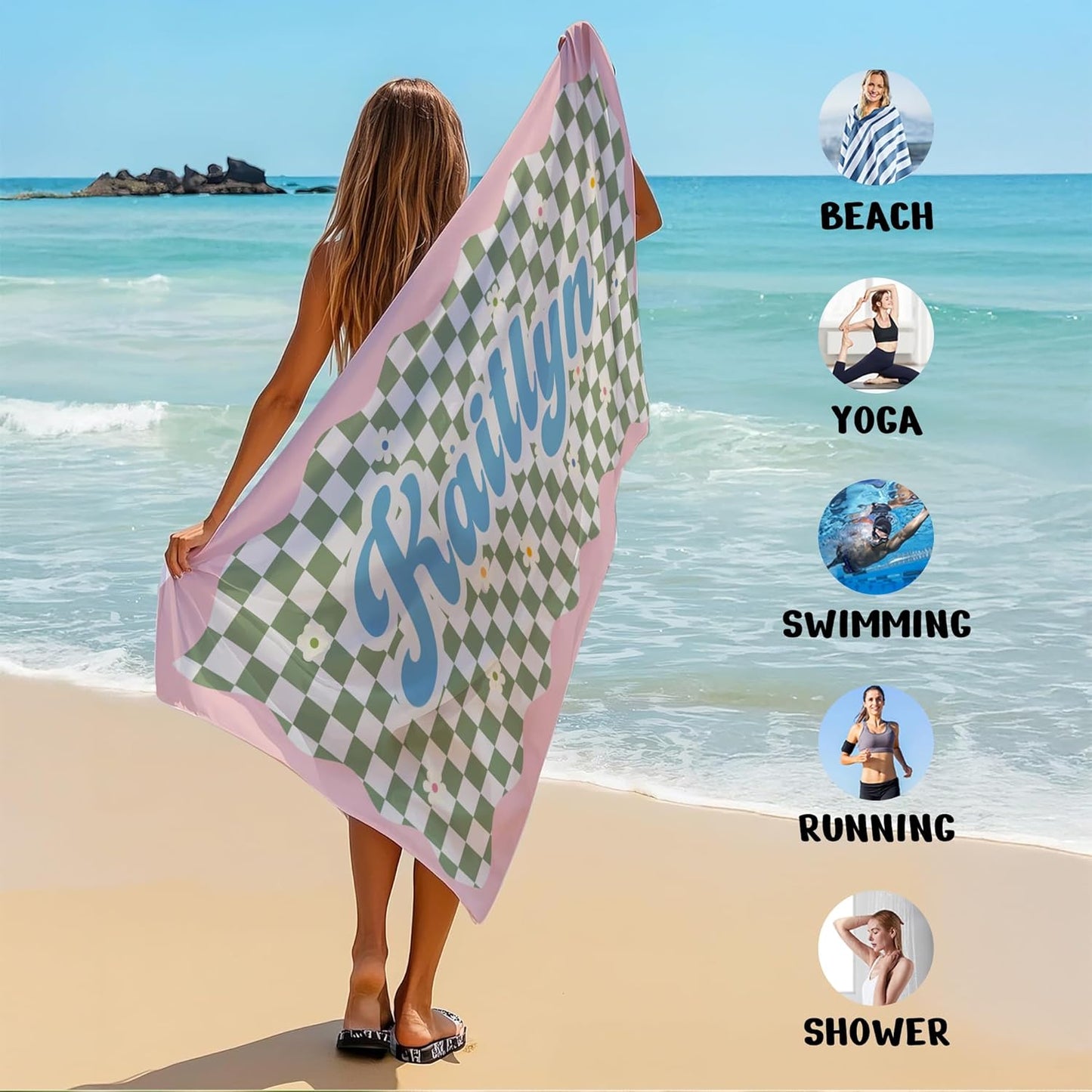 JML Personalized Beach Towel with Name, Custom Flower Beach Towel, Customized Microfiber Pool Towel, Quick Dry & Absorbent Swim Towel for Adult,Anniversary, Birthday, Summer Holiday,Vacation
