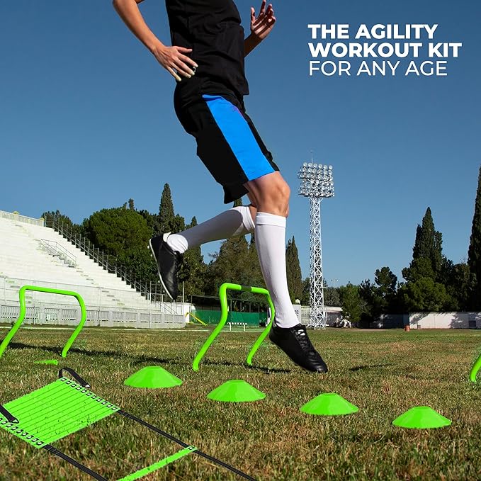 Agility Ladder Speed Training Equipment Set-2x 20ft Agility Ladder,12 Soccer Cones,4 Adjustable Hurdles, Jump Rope, Running Parachute| Basketball Football Soccer Training Equipment for Kids Adults