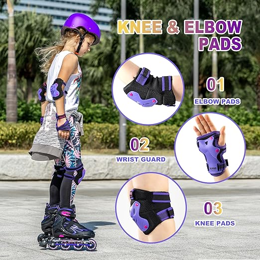 2PM SPORTS Knee Pads for Kids, Wrist Guards Knee and Elbow Pads Set with Drawstring Bag, Protective Gear Set for Girls Boys Roller Skating Cycling Skateboard - Purple Medium