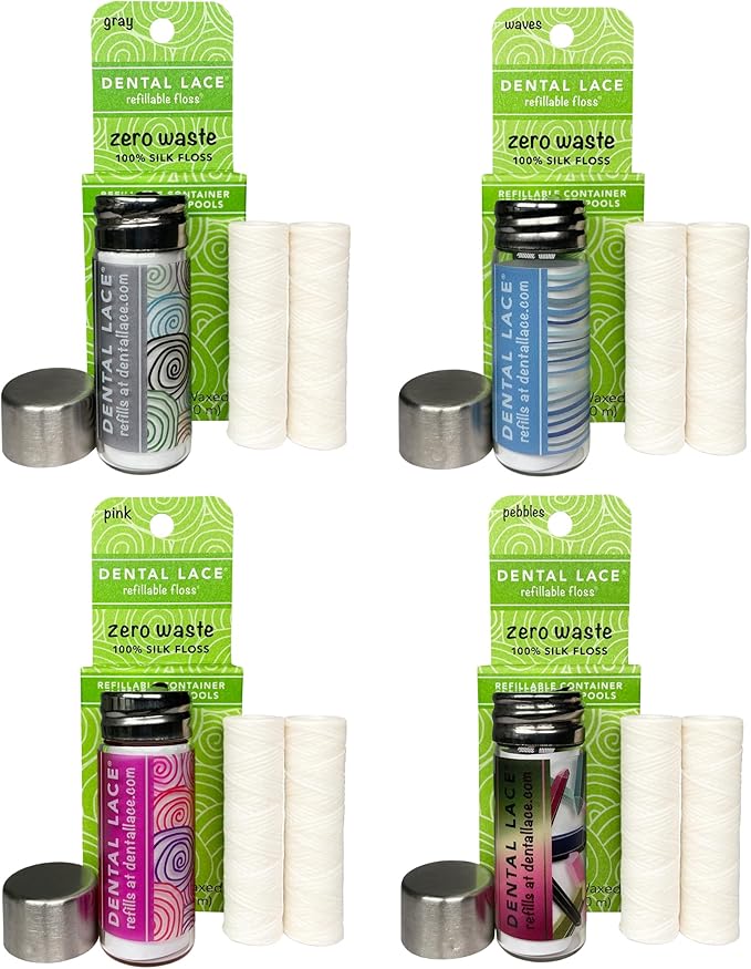 Dental Lace Refillable Silk Dental Floss | Multi-Color Glass Containers - 100% Silk Floss with Mint Flavor, PFAS & PTFE Free (Total 66 Yards) – Eco-Friendly Recyclable Packaging (Pack of 4)