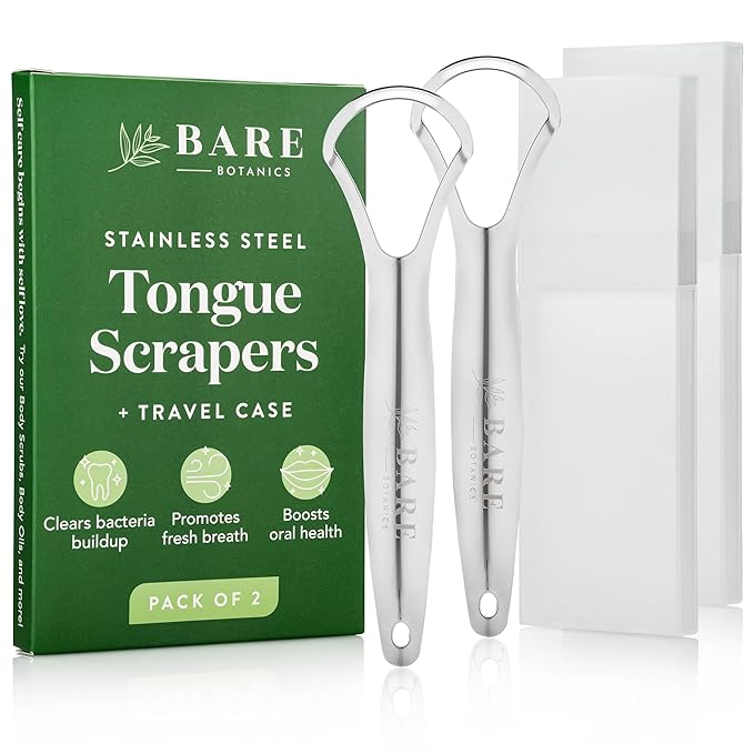 Bare Botanics Tongue Scraper 2 pcs | Durable Stainless-Steel and Reusable Tongue Cleaner w/Case | Compact Oral Hygiene Tool