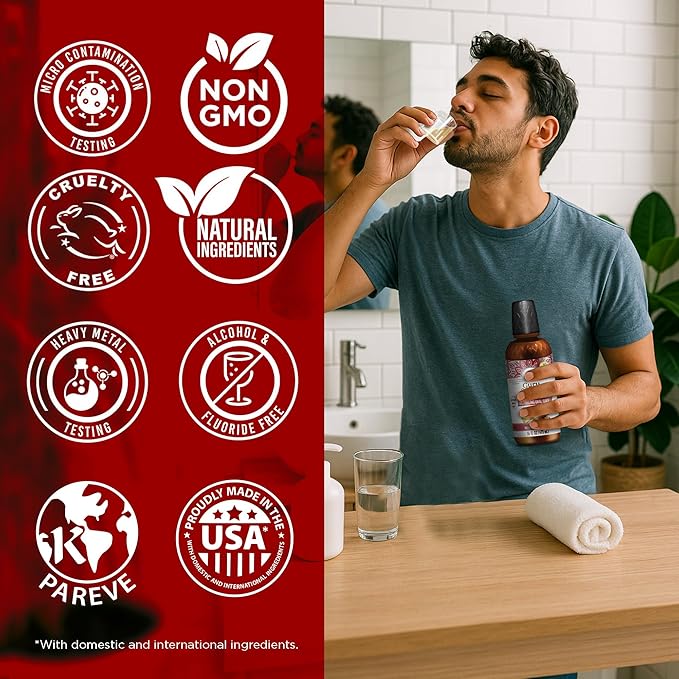 GuruNanda Cinnamon Oil Pulling Mouthwash, Promotes Calmness, with Neem & Ashwagandha for Fresh Breath & Happy Gums, Alcohol-Free, 16 Oz