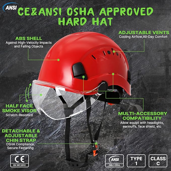 AOLAMEGS Hard Hats Construction OSHA Approved - ANSI Z89.1 Red Safety Hardhats, High Impact ABS Hardhat, Adjustable Vented Construction Worker Hat with Clear Visor, Cascos de Construccion