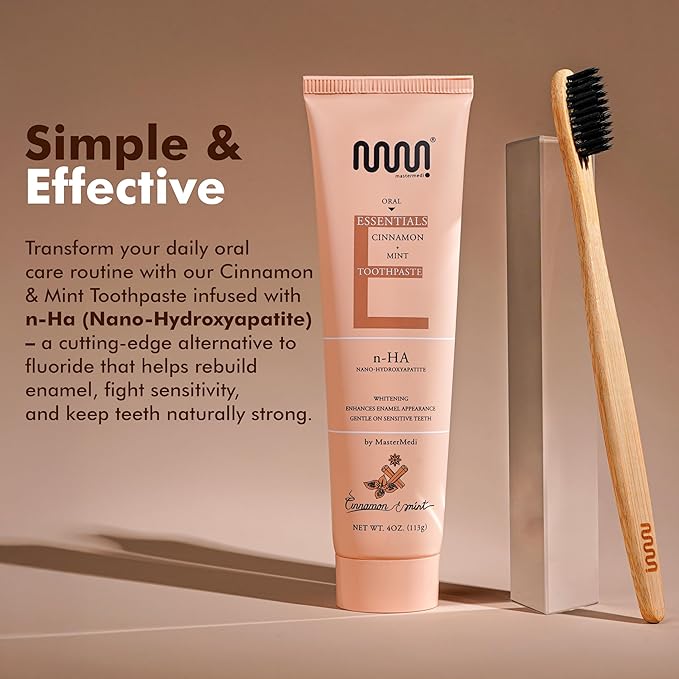 MasterMedi Nano Hydroxyapatite Toothpaste (Inspired by 10% nHA Formulas), Fluoride-Free, Whitening & Sensitivity Relief, Enamel Repair Support, SLS-Free, Xylitol, Mint & Cinnamon 4 Oz (Pack of 2)