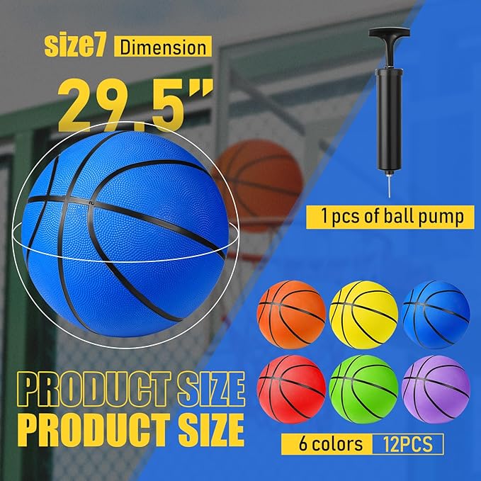 Jerify 12 Pack Official Size Rubber Basketballs for Kids Child Junior Youth Indoor Outdoor Sports Basket Balls with Pump Back to School Student Gifts Operation Christmas Bulk Items